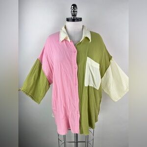 💚 3100. Gauze Oversize Colorblock Short Sleeve Top